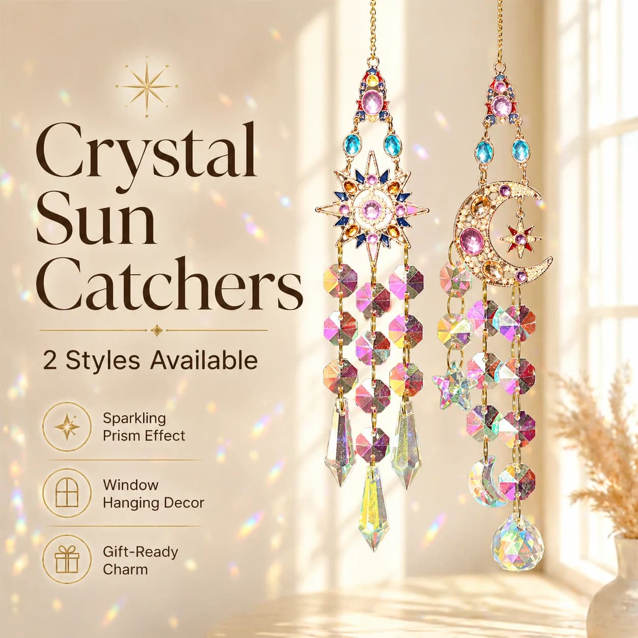 Crystal Sun Catcher Window Hanging Decor, Sun Moon Prism Pendant Rainbow Maker, Crystal Suncatcher Ornament Gift