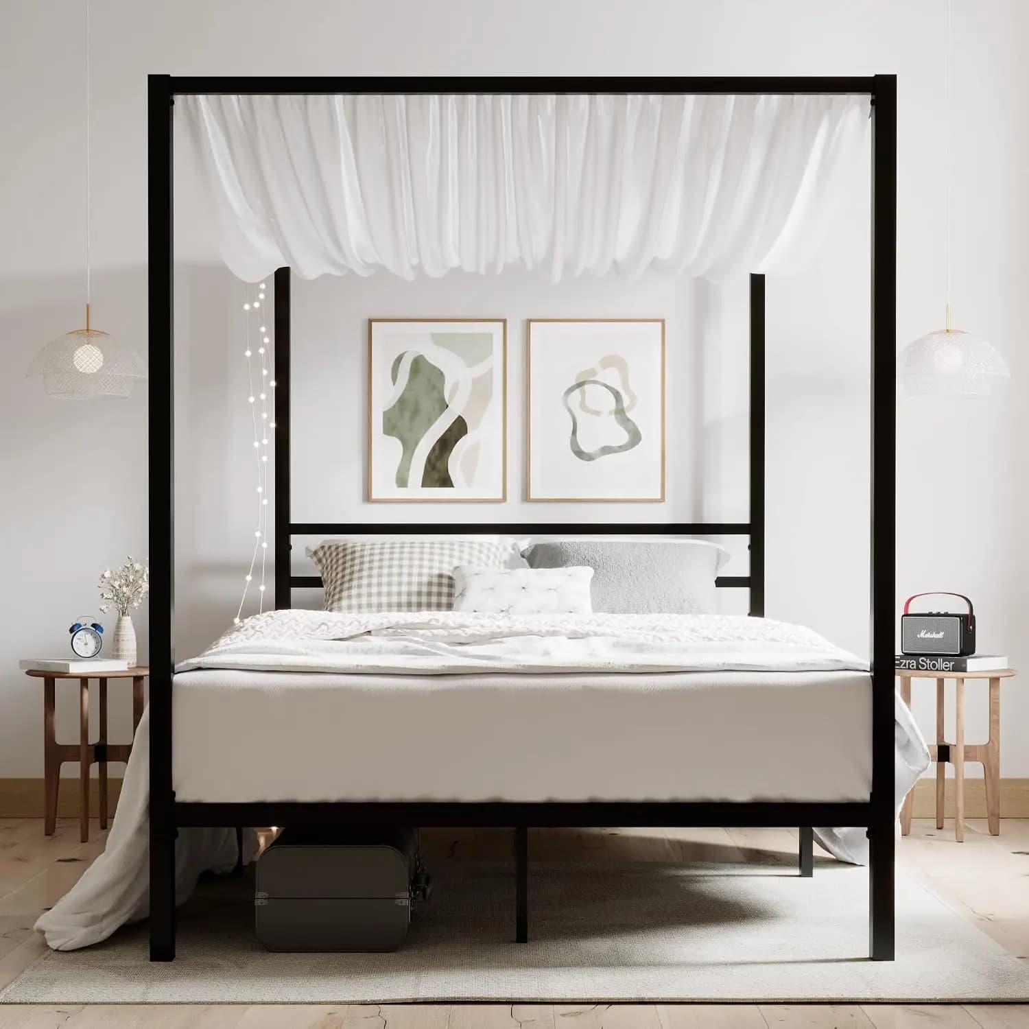 Full Size Metal Canopy Bed Frame Heavy-Duty Platform Storage EVA Noise Sponge Foundation No Box Spring, Customized