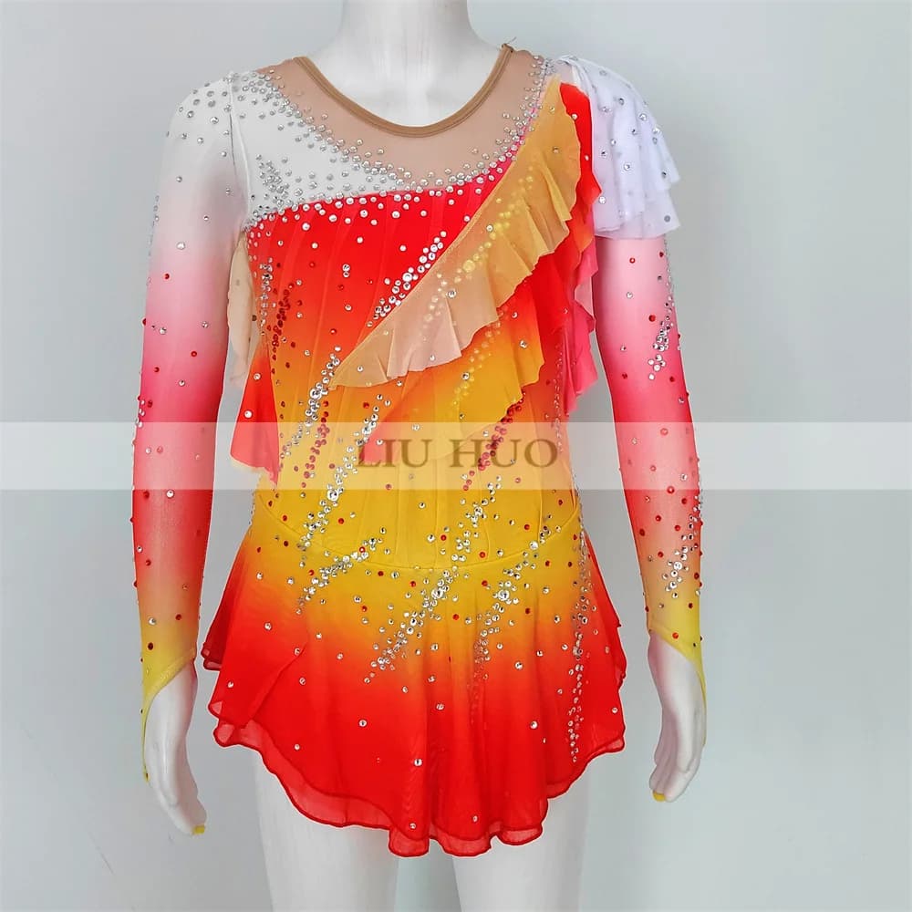 LIUHUO Donna Ragazza Pattinaggio di Figura sul Ghiaccio Vestito Prestazioni Ginnastica Ritmica Concorso Body Costume Gradiente Arancione Rullo