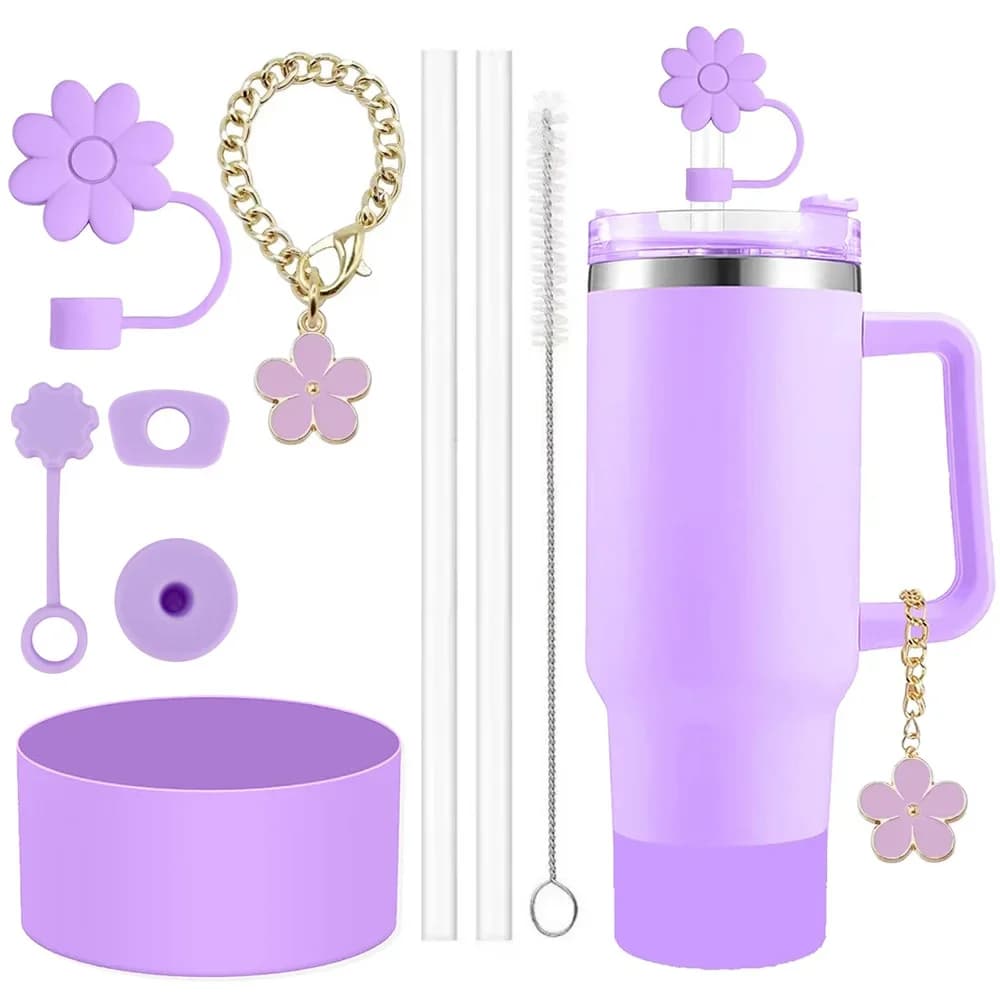 Set di accessori da 9 pezzi per Stanley Cup, 2 cannucce e pennello e 1 catena con ciondoli a forma di fiore, 3 tappi a prova di fuoriuscite, fiori, copertura in paglia