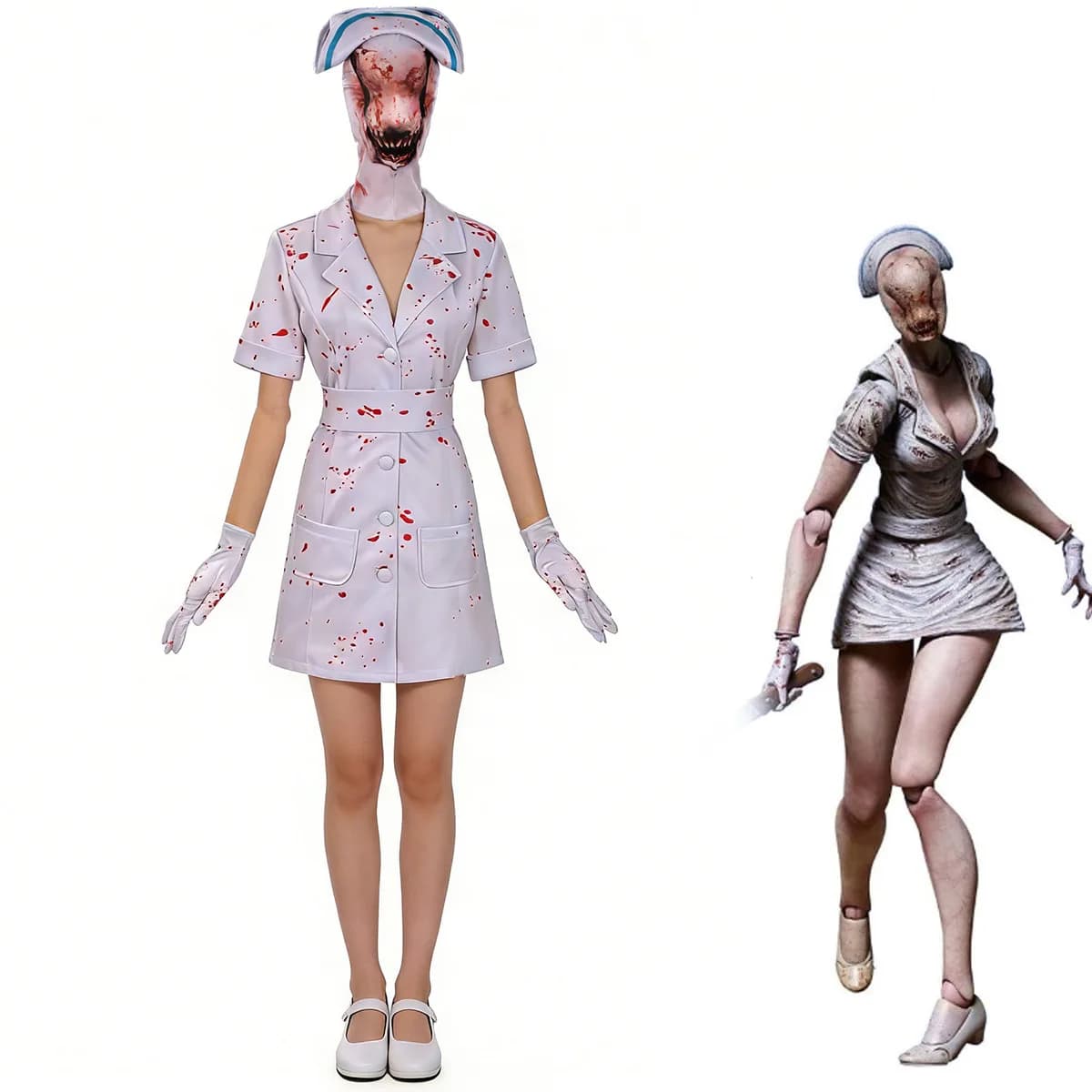 Cosplay Silent Hill 2 Nursing Dress, Sexy Horror Dress with Belt, Hat and Mask, Outfit for Halloween