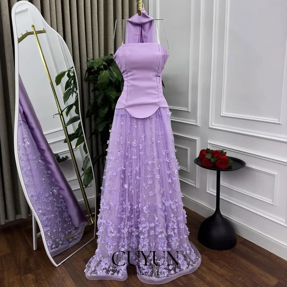 CUYUN Abiti da ballo lunghi di lusso viola Abito da sera senza spalline in pizzo floreale Personalizzato Abiti da cerimonia per eventi sauditi Dubai per le donne