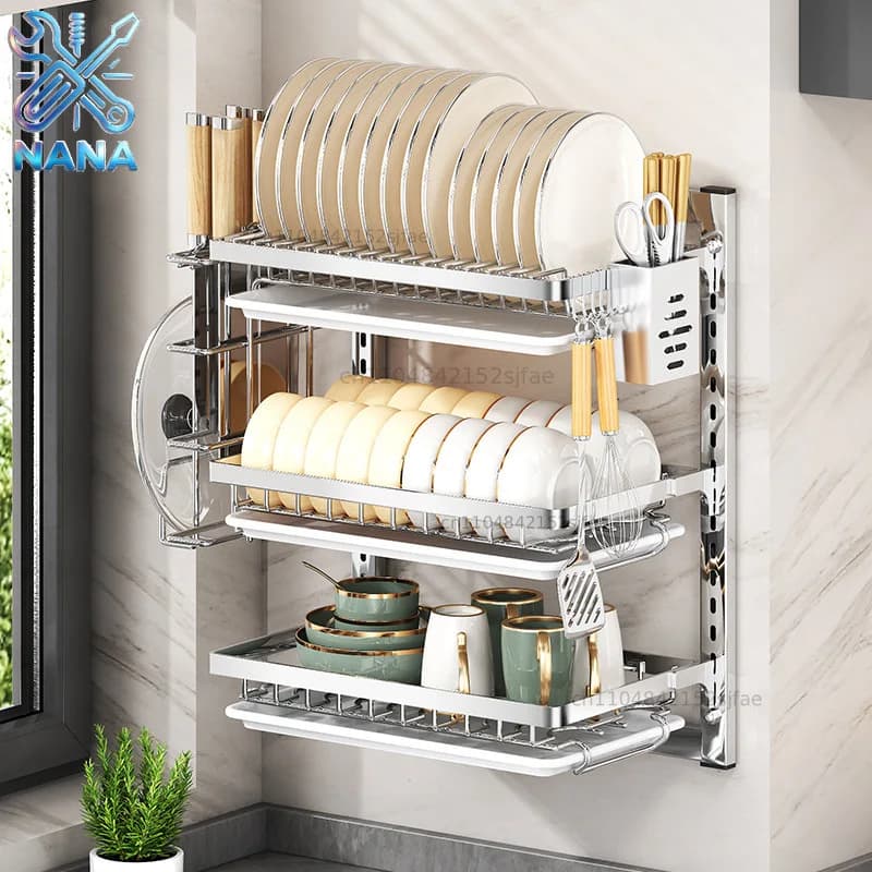 Stainless Steel Dish Dryer Station | Built-in Cutting Board, Expandable Lid Rack & Utensil Holder for Small Kitchen