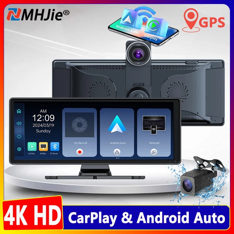 Dash Cam 4K from 10,26 Inch with Carplay and Android Cars, GPS, WIFI 5G, FM, BT, DVR Auto 360° ° Double-Length Rotary dashboard camera for trucks, driving recorder