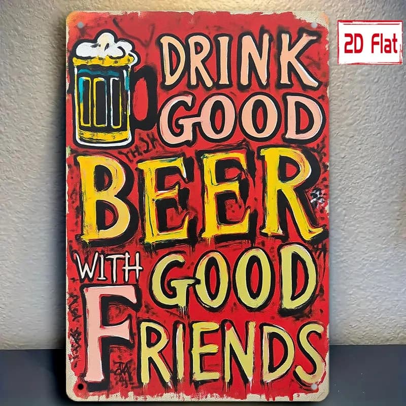 Boccale di birra 2D/piatto dipinto a mano con testo "Drink with Friends", targhe in ferro da esterno 8 × 12, targhe decorative da parete per bar e ristoranti
