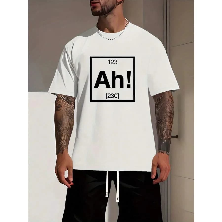 【New Arrival】Funny "Ah!" Periodic Table Element Graphic T-Shirt, White Casual Crew Neck Short Sleeve Tee, Humorous Science Pun Cotton Blend Streetwear Top for Men & Women