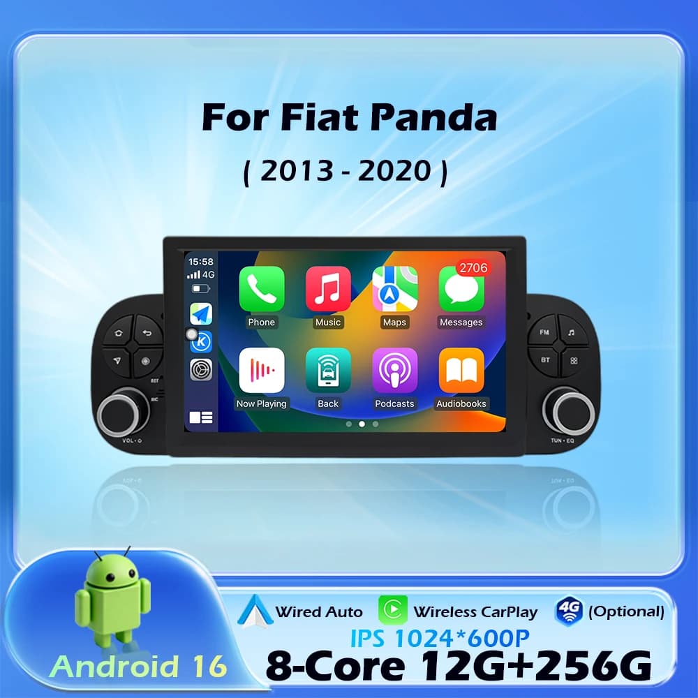 Autoradio Multimediale Android 16 per Fiat Panda 2013-2020 con Carplay, Lettore Video, Android Auto, 4G, WIFI, Navigazione GPS, BT, DSP Stereo