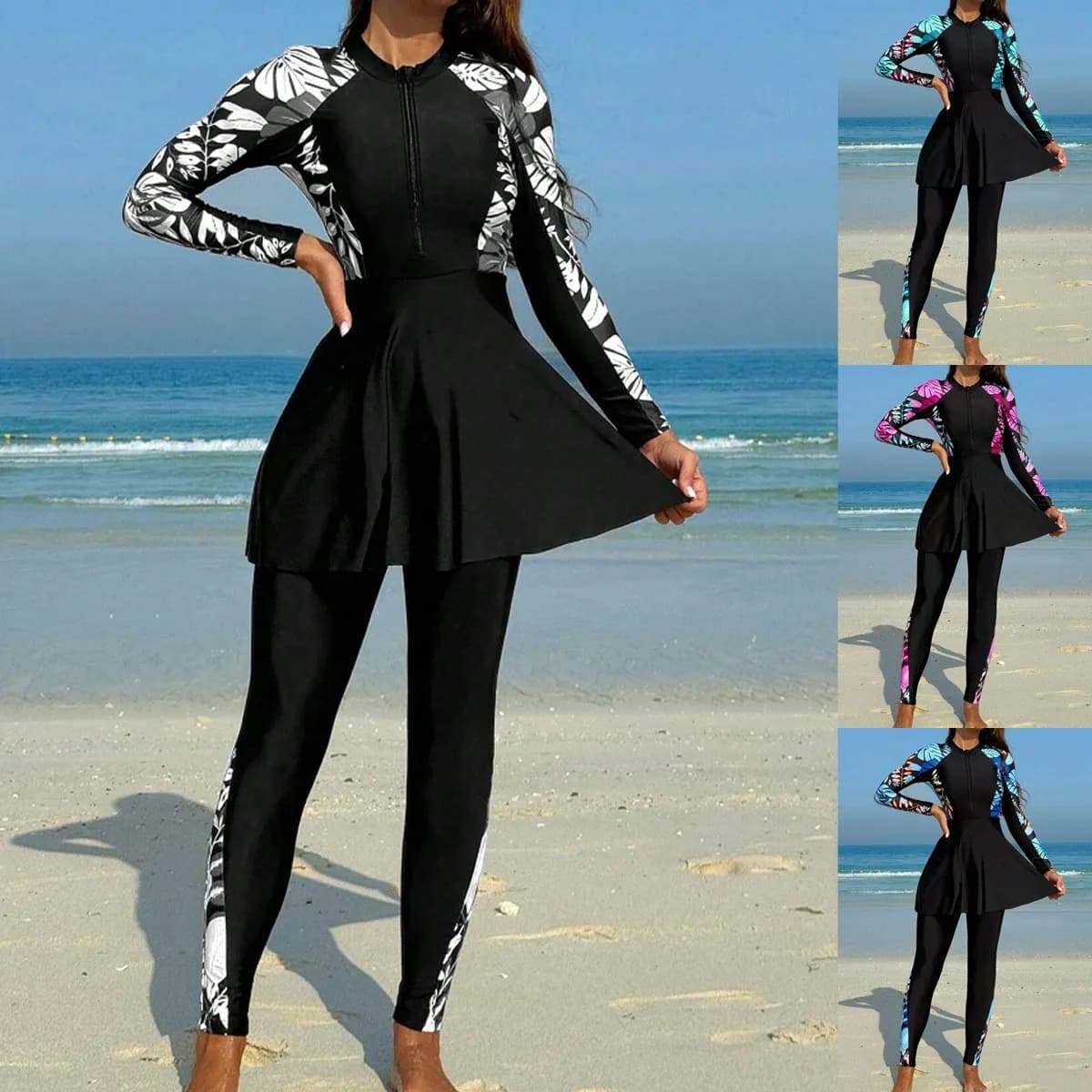 Long Sleeve Two Piece Swimwear Full Length Leggings Swimsuit Front Zipper Swimming Suit Black Base Tropical Leaf Print Modest