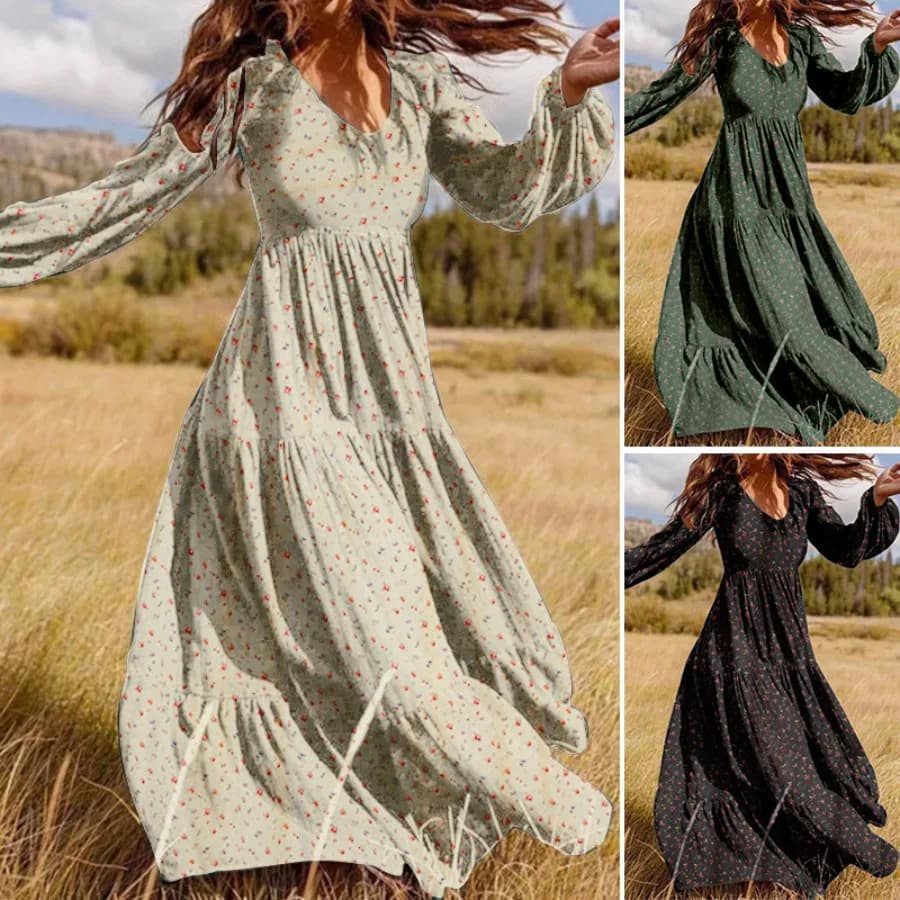 【Nuovo stile】Abito in chiffon caldo autunnale e invernale da donna, con scollo a V, pullover a ampia gonna, di alta gamma, alla moda, casual ed elegante