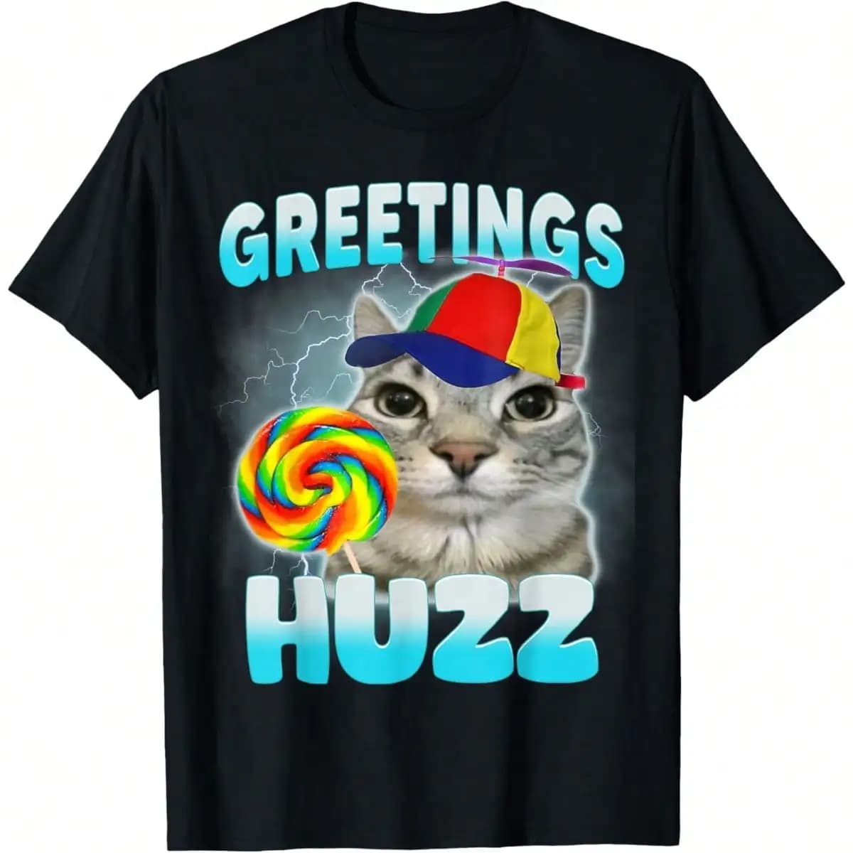 Divertente maglietta con grafica di gatti, design con lecca-lecca arcobaleno e cappello con elica