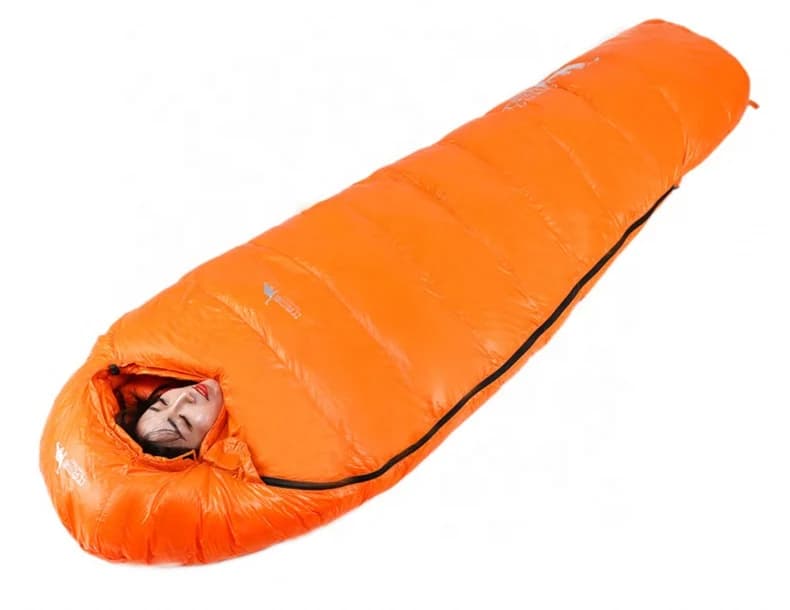 Goose down mummy sleeping bag in custom camping fabric for outdoor waterproof travel