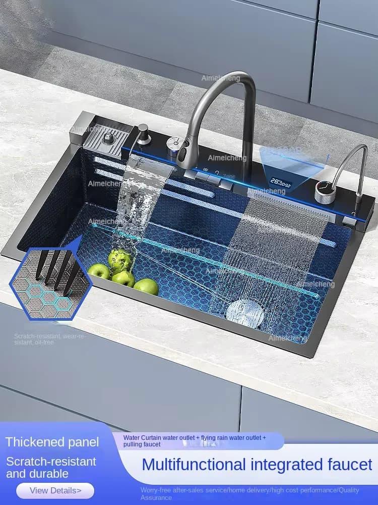 2025 Integrated Waterfall Kitchen Washer Honeycomb Technology Wide Digital Display Stainless Steel Soap Dispenser Cup Washer
