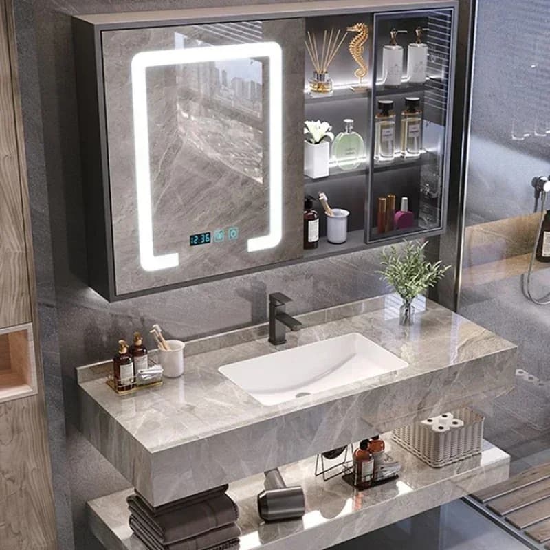 Mobiletto Angolare Bagno con Specchio, Scaffale Contenitore, Base Lavello, Armadietto Lavabo di Lusso, Mobiletto Stretto Piccolo per Toilette