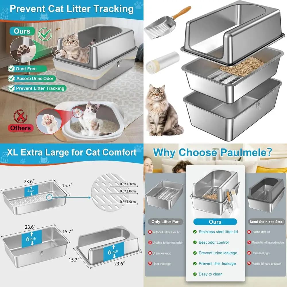 Lettiera per Gatti XL in Acciaio Inossidabile con Coperchio, Lettiera in Metallo XL per Pellet di Pino, Sistema con Bordi Alti, Controllo degli Odori