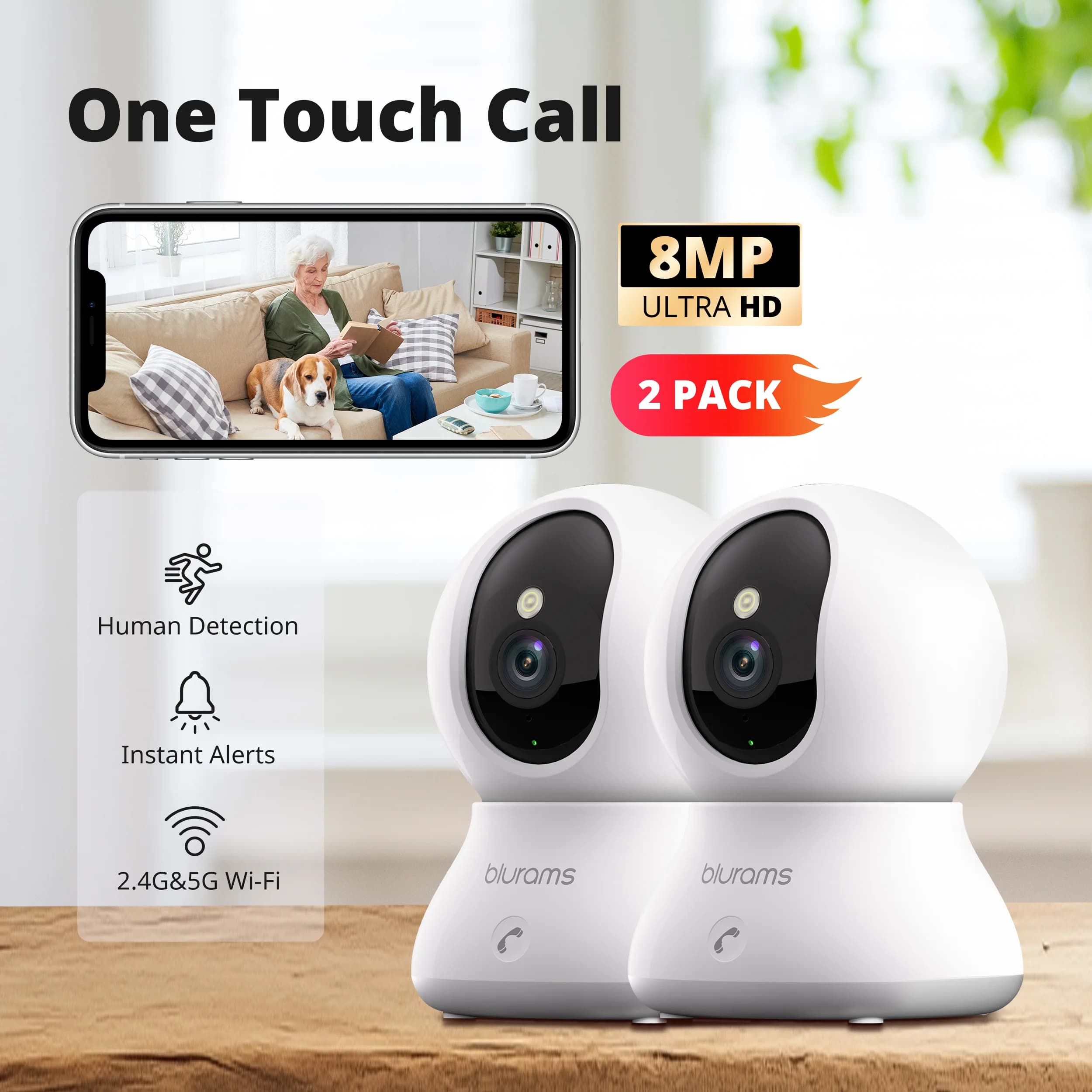 Telecamera da interno 2 pezzi 4K 360 ° Telecamera panoramica di sicurezza domestica con app, conversazione bidirezionale, chiamata one-touch e visione notturna a colori 2,4/5 GHz