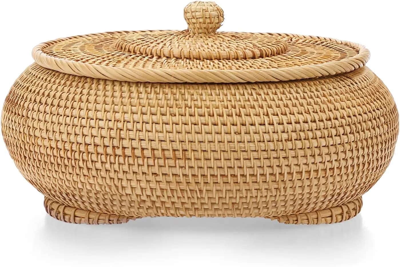 Large Round Basket in Rattan with Cover, Braided Basket for Bread and Fruit, Ideal for Rustic Furniture