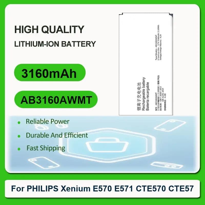 Replacement Mobile Phone Battery For philips E570 E571/For XENIUM CTE570 CTE57 smart Mobile phone AB3160AWMT 3160mAh