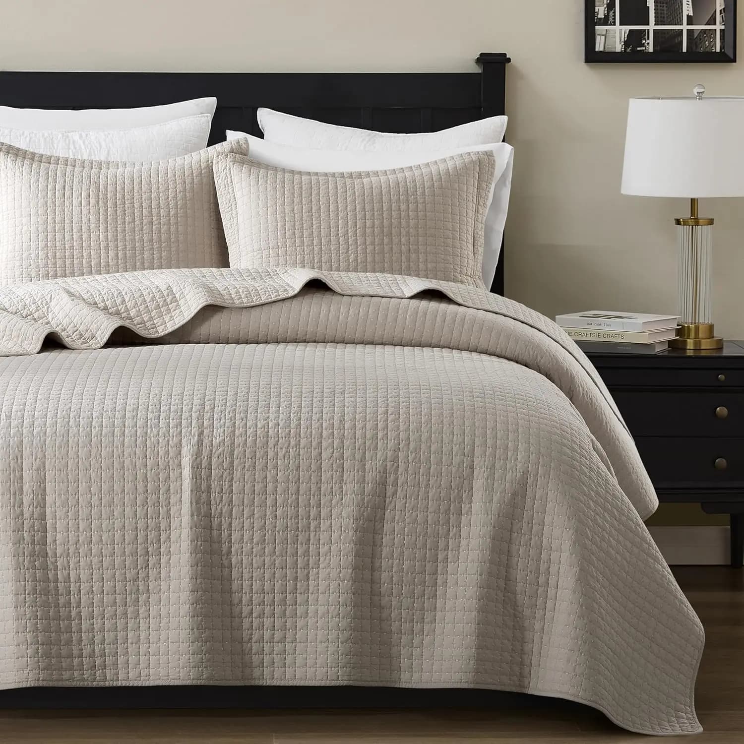 Queen Size Cover Set in Beige, 100% Cotton, Lightweight and Soft with Square Quilting, Rustic Farmhouse Style