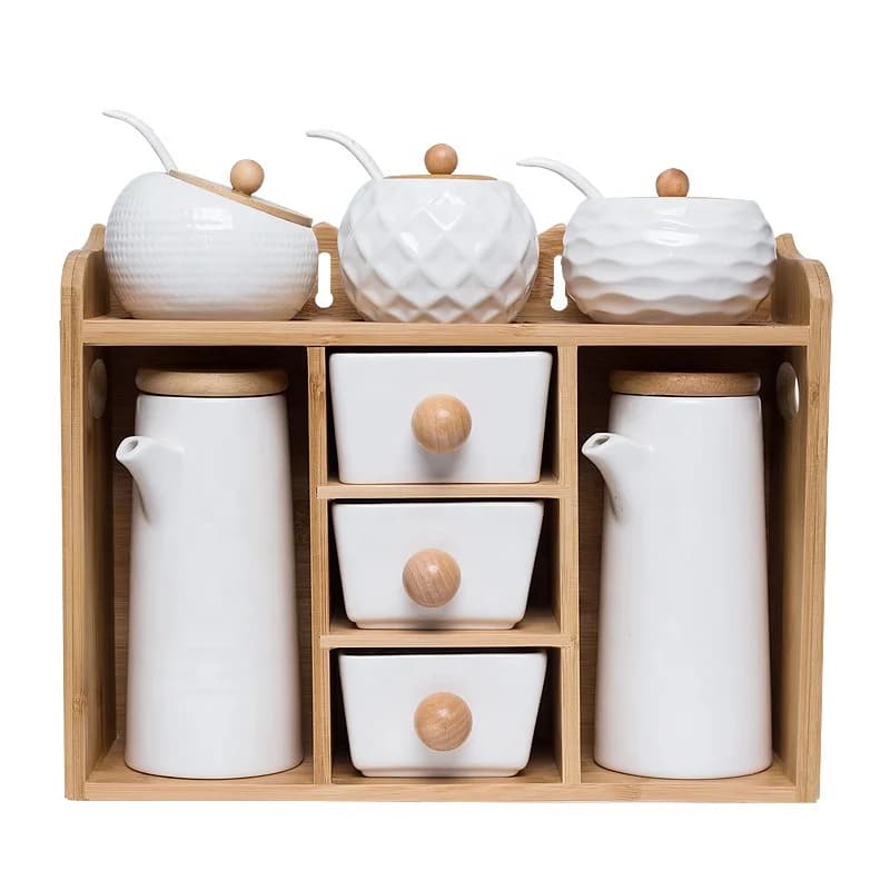 Set di barattoli di spezie per erbe in ceramica bianca personalizzati all'ingrosso da 8 pezzi con coperchio e rack di stoccaggio