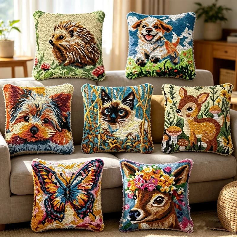 Pet Dog Latch Hook Cushion Kit Yorkshire Terrier Puppy Siamese Cat Butterfly Floral Pattern DIY Needlework Pillow Making Kit