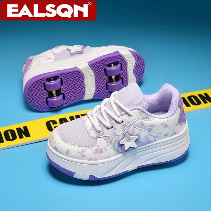 Ultra-Light 4-Wheel Roller Skates for Kids Girls 2-in-1 Walking Sneakers with Removable Wheels Breathable Outdoor Sports Shoes