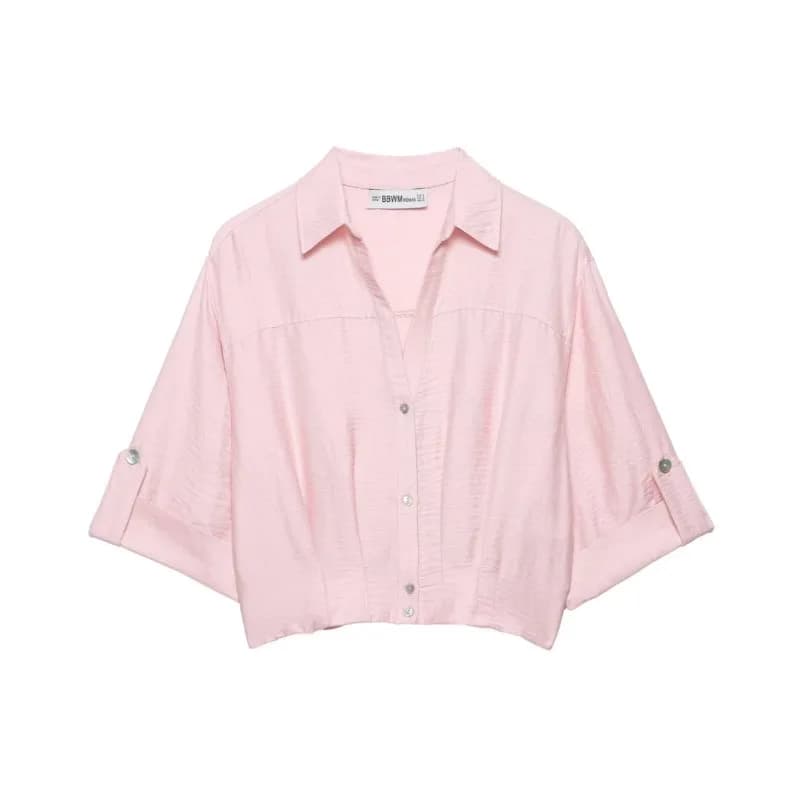 Women‘s Short Shirt Spring Summer New V-neck Single Breasted Short Sleeve Elastic Hem Blouses Fashion Lady Casual Tops