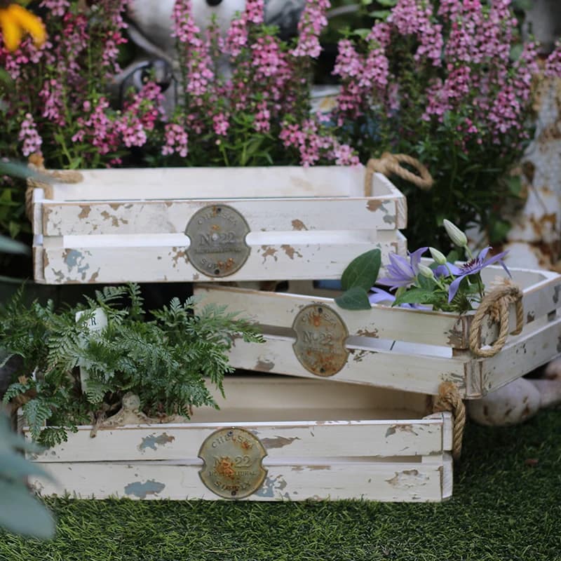 Retro Wooden Plant Tray Box Garden Storage Fruit Decorative Tray Wooden Material Plant Care Flower Vase Garden Decorations