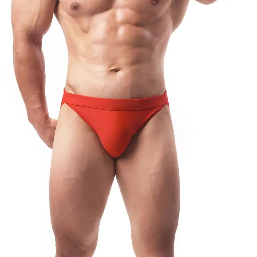 Slip da bagno da uomo a vita bassa ad asciugatura rapida, con tasca frontale, pantaloncini da spiaggia, costume da bagno a tinta unita, bikini da uomo con lacci