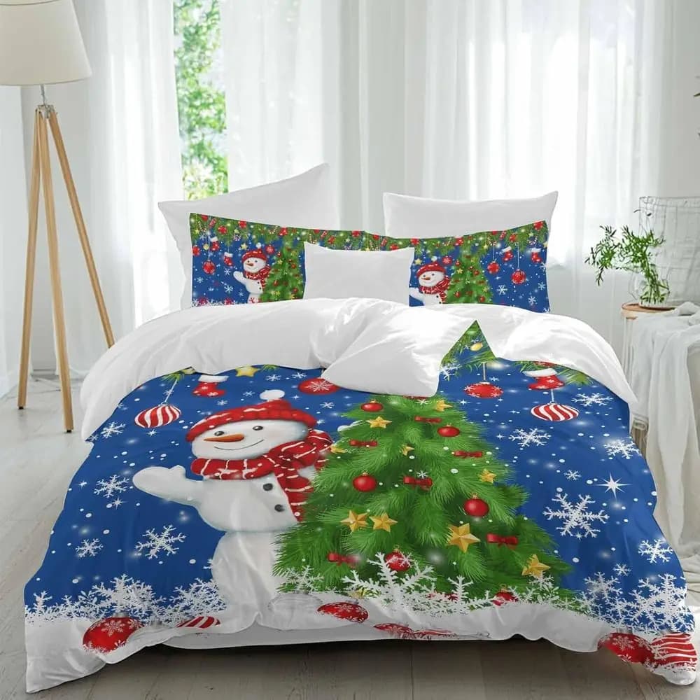 Set di lenzuola natalizio, con palline e aghi di pino, blu lago invernale, 4 pezzi, traspirante, set copripiumino Sot, biancheria da letto accogliente
