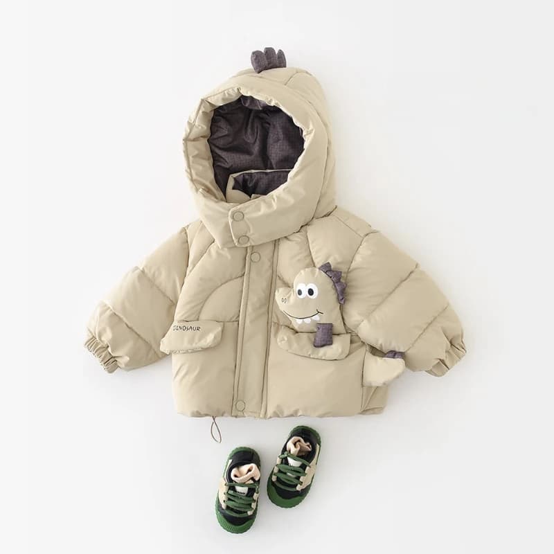 2025 Abbigliamento invernale per bambini Nuova giacca cappotto in cotone spesso con dinosauro cartone animato con cappuccio antivento