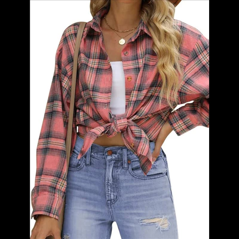 Camicie in flanella scozzese FX da donna Camicie oversize a maniche lunghe abbottonate Camicette Top