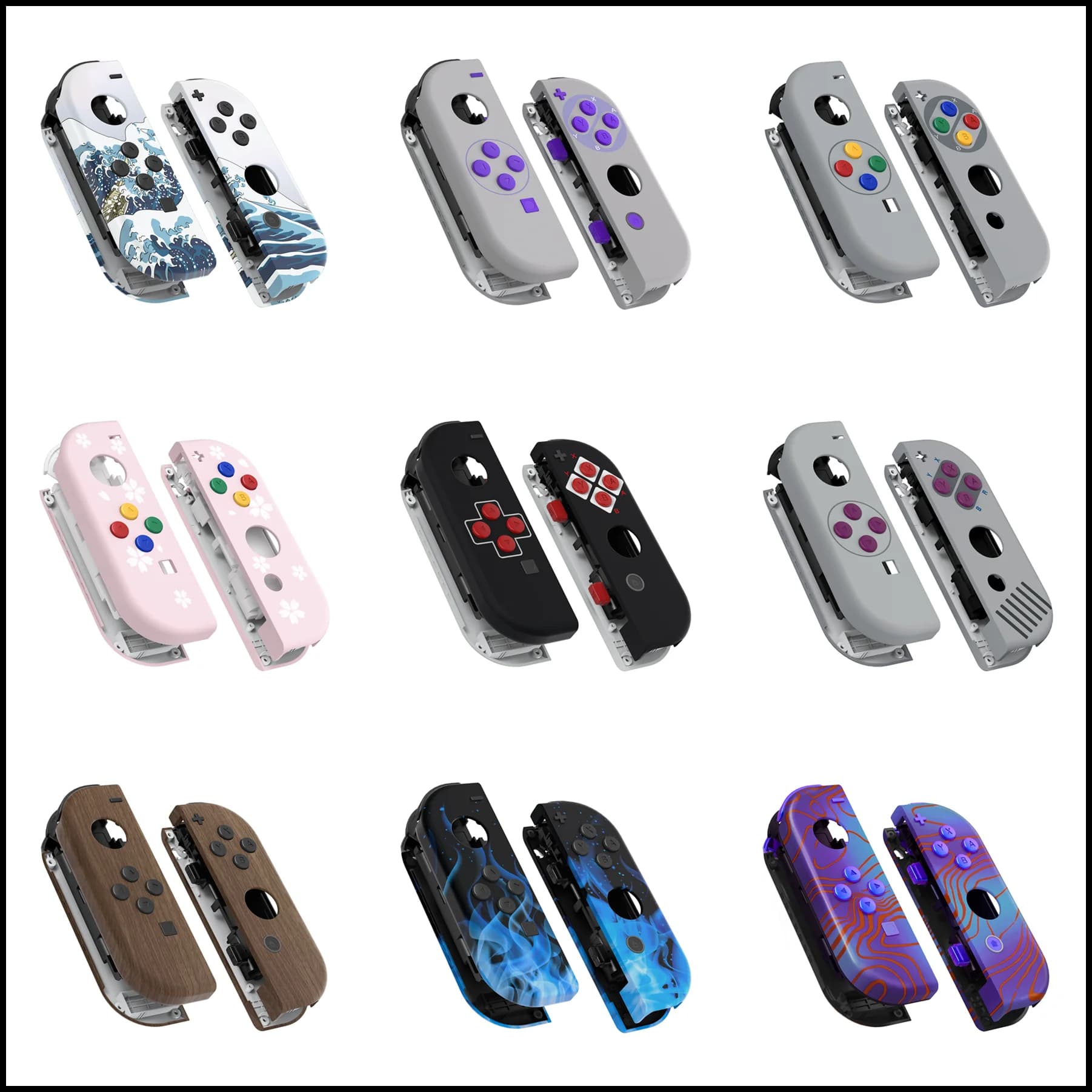 eXtremeRate Custodia a conchiglia per controller con motivi personalizzati con set completo di pulsanti per interruttore NS JoyCon e Joycon OLED - venature del legno