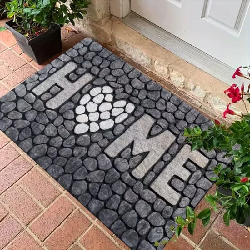 Stone Pattern "HOME" Doormat Non-Slip Entryway Rug Cobblestone Print Floor Carpet for Front Door Porch Kitchen Home Decor