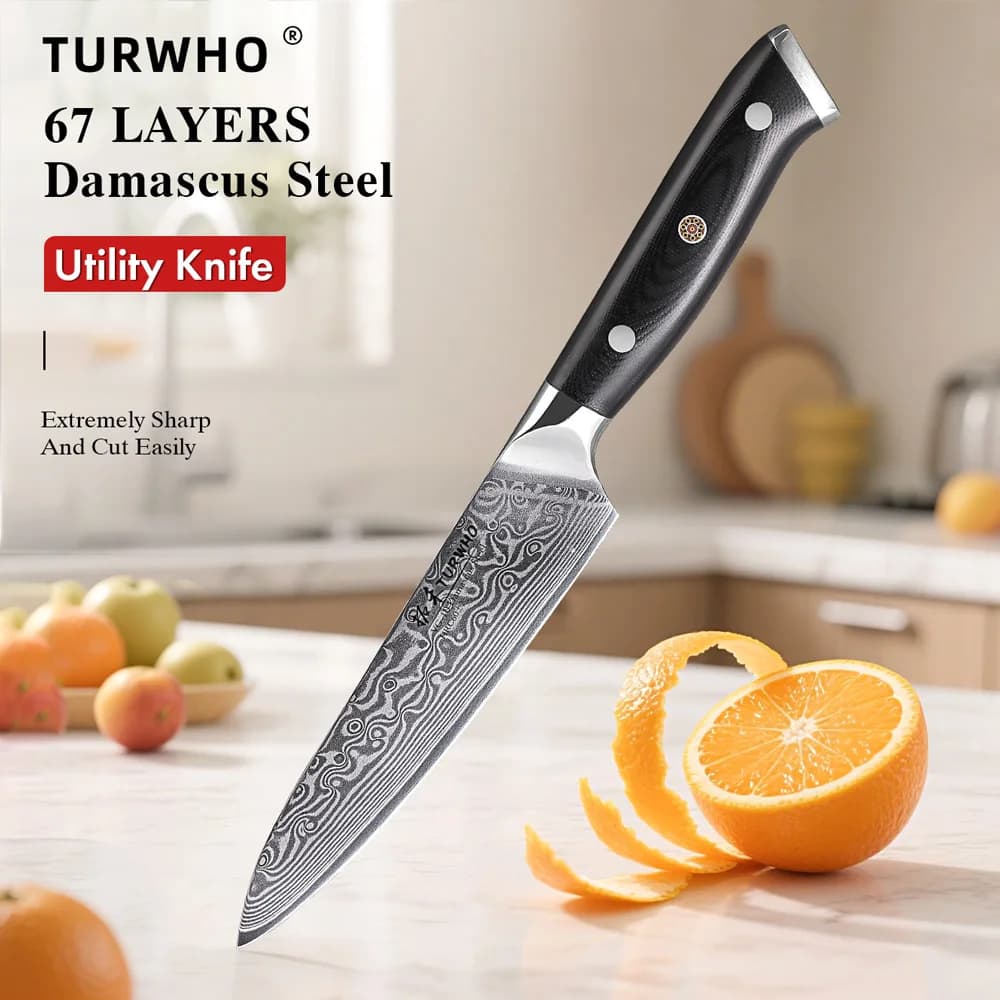 TURWHO 5" Utility Knife High Quality 67 Layer Damascus Steel Kitchen Cleaver Slicing Paring Knife Chef Cooking Tools G10 Handle