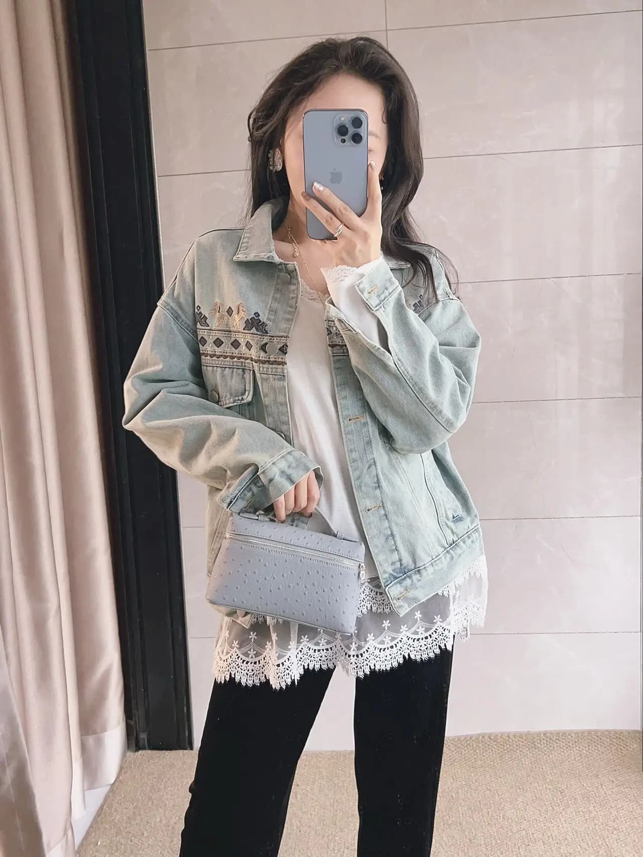 Romantic Embroidered Loose Fit Slimming Light Blue Denim Jacket French Style Long Sleeve Cotton 100% Women's Outerwear