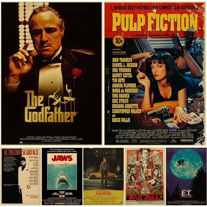 Poster di film classici vintage Stampe retrò Pulp Fiction/Godfather Poster Film Retro Home Room Decor Pittura murale di arte estetica