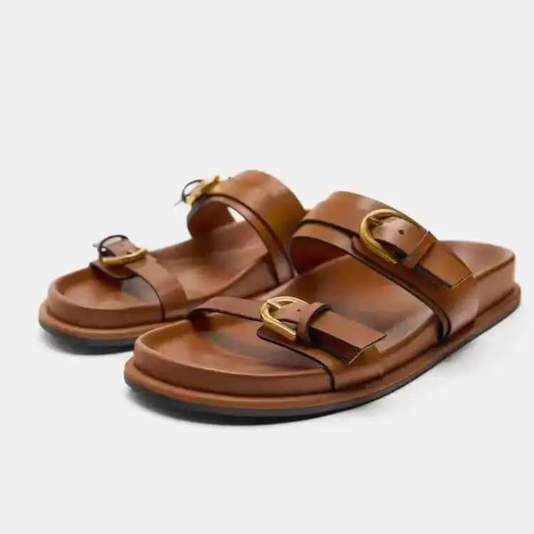 Women's Flat Beach Sandals Thick Heel Slip-On Summer Casual Style PU Material Rubber Sole Comfortable Indoor Slippers