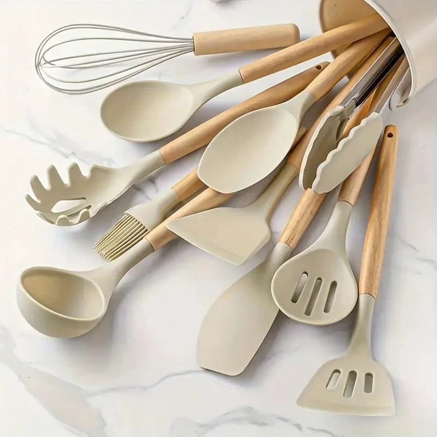 12‑Pack Non‑Stick Silicone Kitchen Utensil Set with Wooden Handles, Khaki, Heat‑Safe Easy‑to‑Clean Cooking & Baking Tools, Dorm & Back‑to‑School Essentials