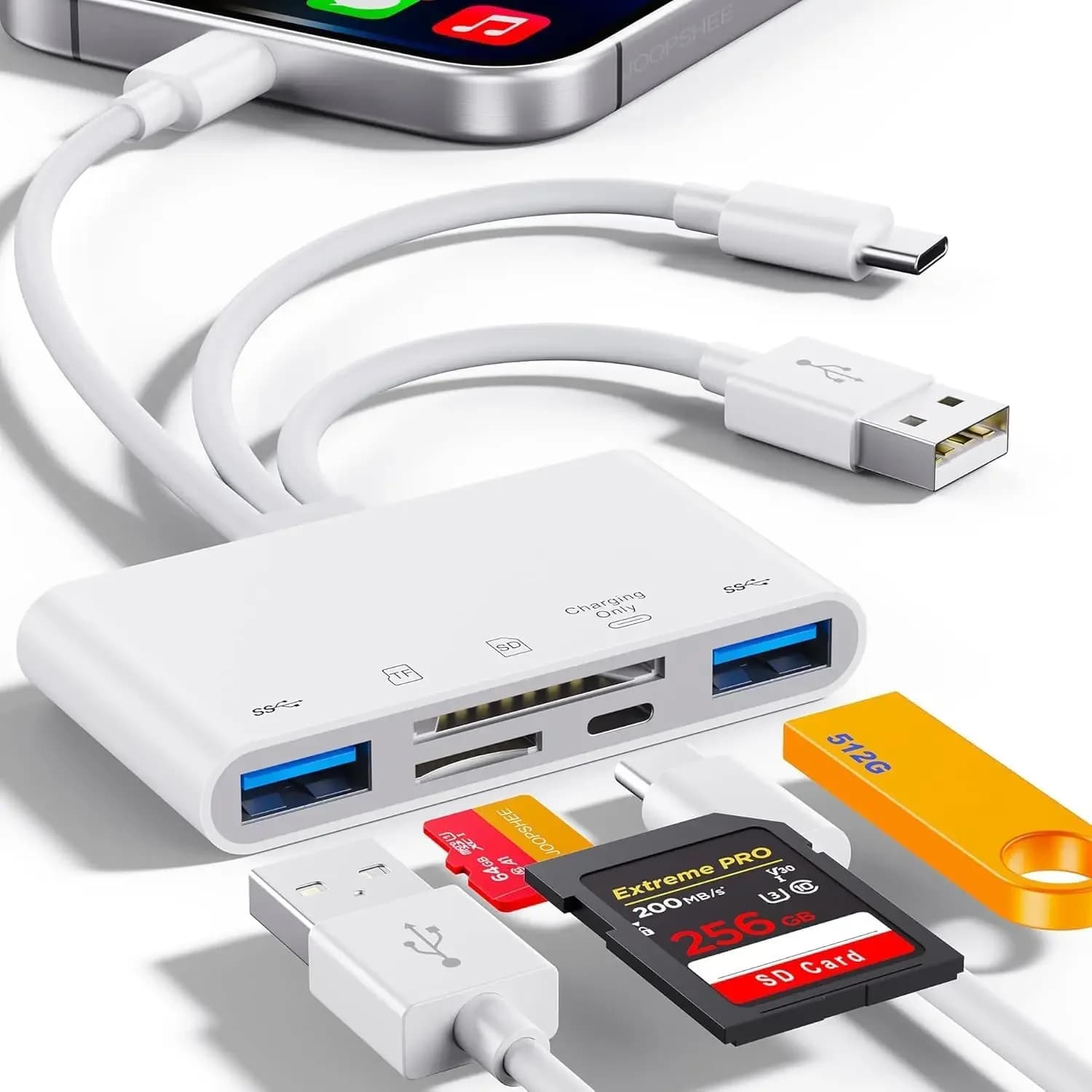 Lettore di schede di memoria USB C e Lightning 5 in 1, slot SD/Micro SD, trasferimento fotografico veloce per iPhone/iPad/Android/PC
