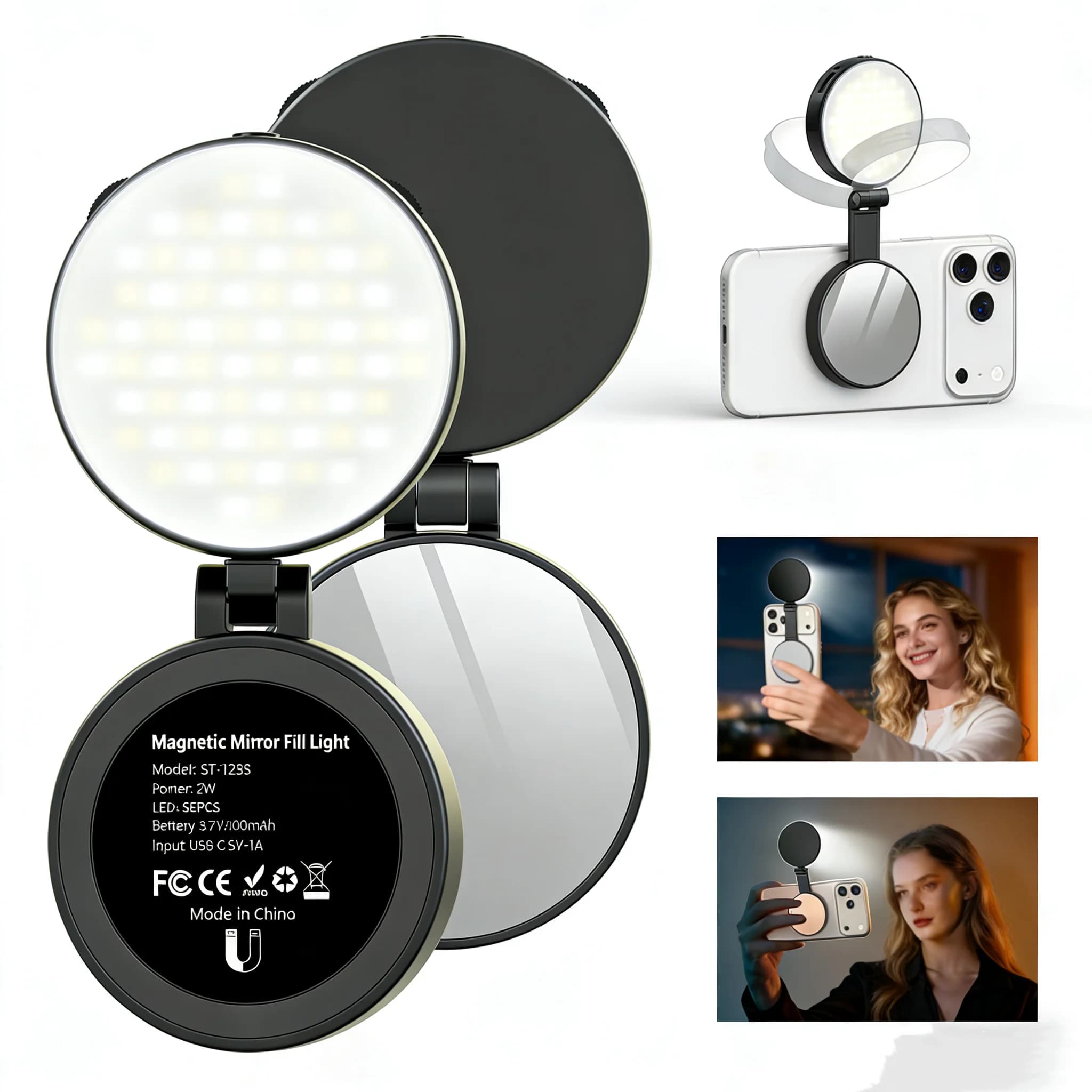 Luce LED Magnetica 3-in-1 per Selfie con Specchio e Supporto, Luce di Riempimento Ricaricabile per Telefono, Luce ad Anello Pieghevole Portatile per Vlog e Trucco