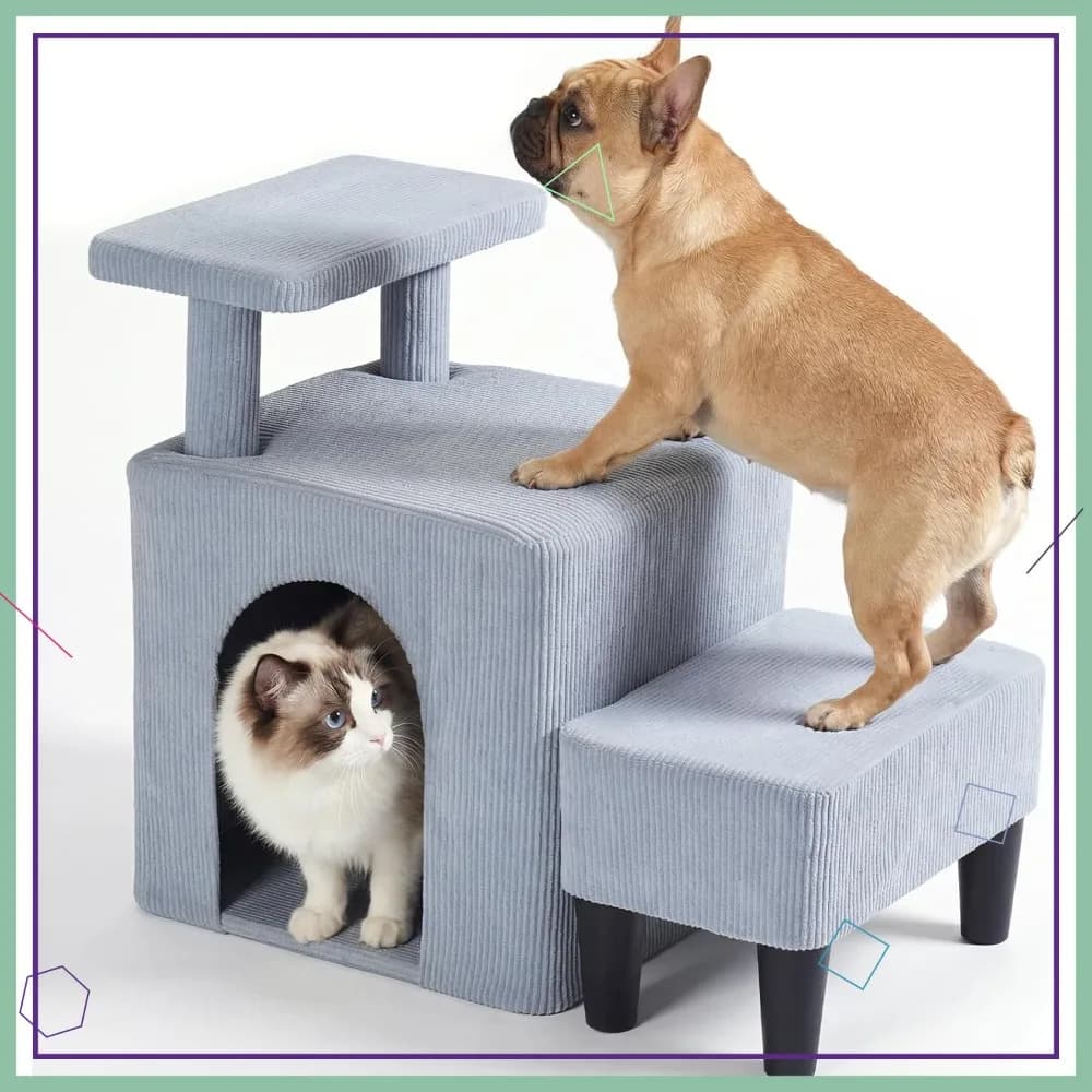 Scala 3-in-1 per Animali Domestici per Letto e Divano, Gradini Antiscivolo con Cuccia e Poggiapiedi per Cani e Gatti di Piccola Taglia, Rampa Interna per Animali Anziani