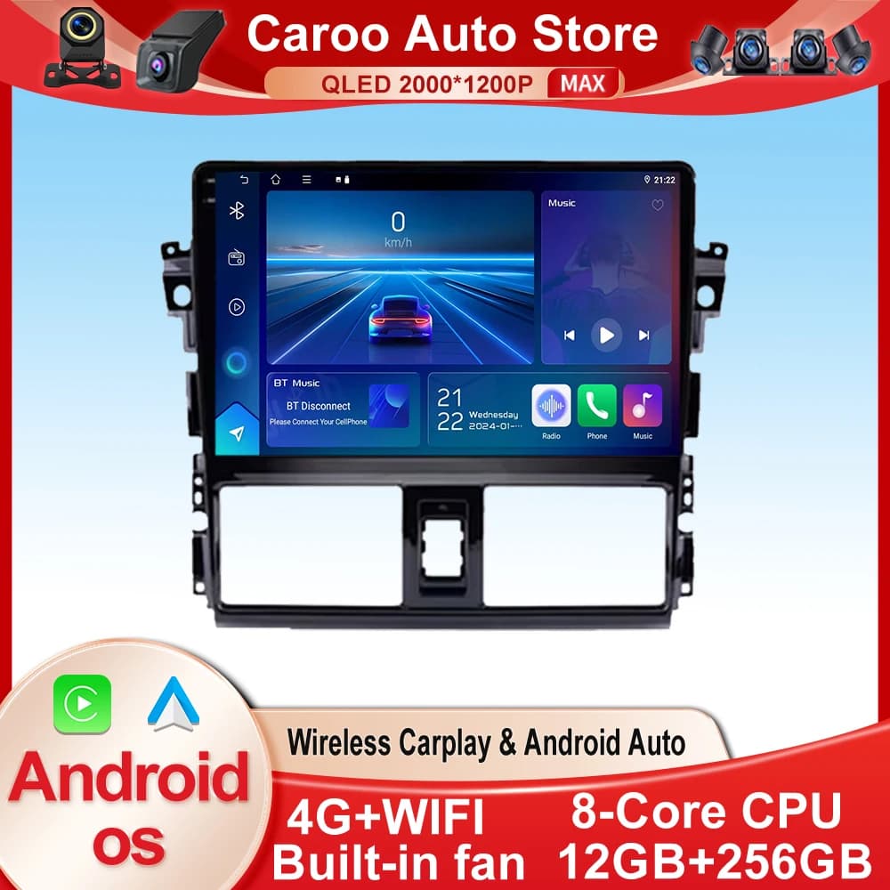 Android 15 Car Radio Video Multimedia Player for TOYOTA VIOS YARIS 2013 - 2016 GPS Navigation WiFi Bluetooth Button Lights 4G
