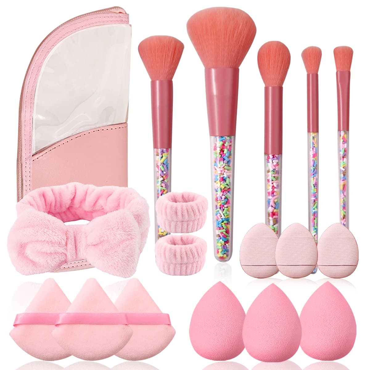 Kit di strumenti per il trucco della serie rosa pennelli per il trucco del partito spugne per frullatore e borsa portaoggetti, braccialetti con fascia Bowknot