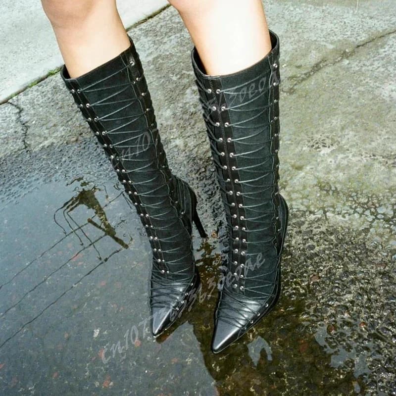 Stivali Neri Sexy al Ginocchio con Lacci Incrociati, Scarpe Patchwork a Punta per Donna, Tacchi a Spillo, Scarpe con Tacco Alto 2025, Zapatos Para Mujeres