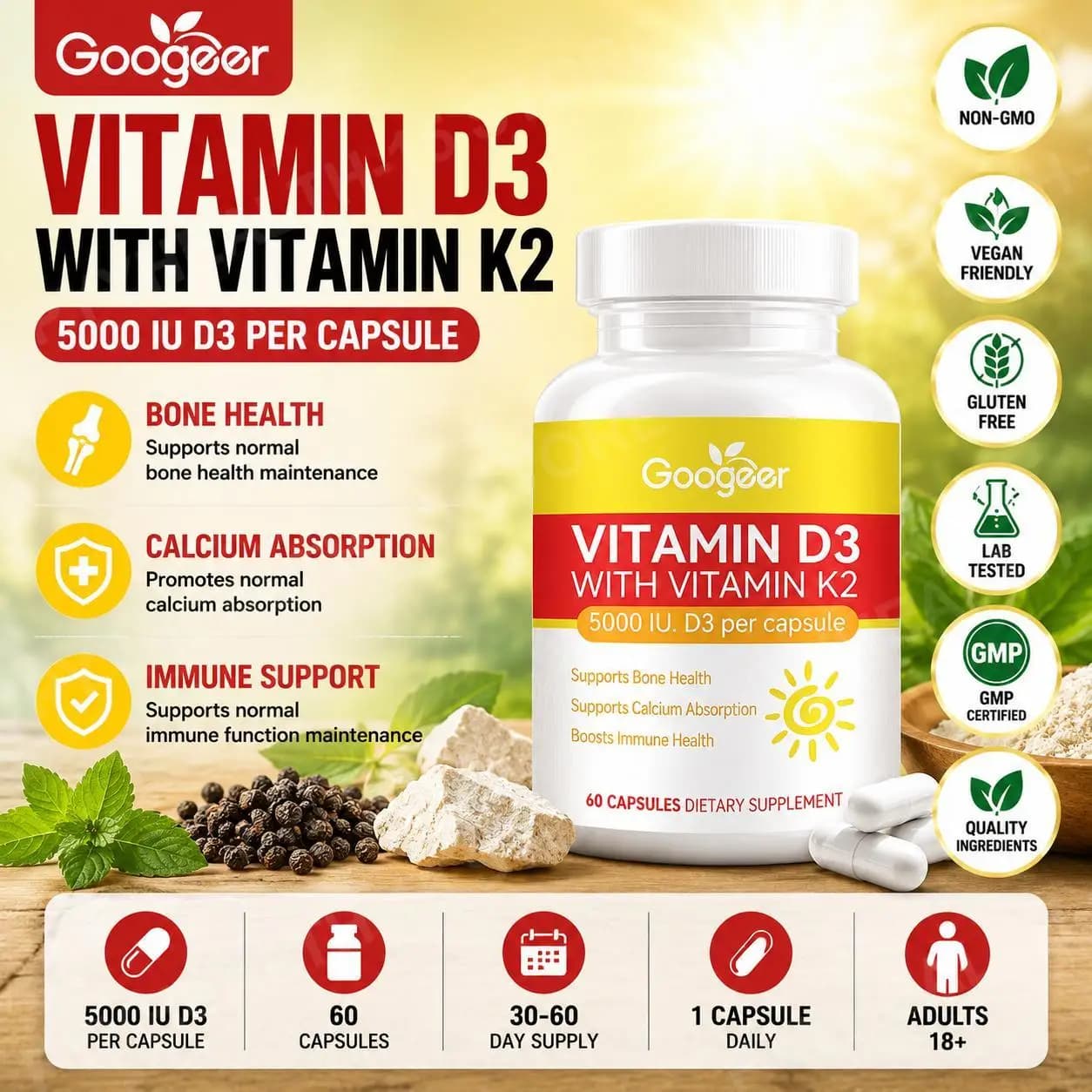 Vitamin D3 K2 Capsules with Calcium, MK-7 Menaquinone and Black Pepper Extract, Daily Nutrition Supplement for Adults, 60 Count