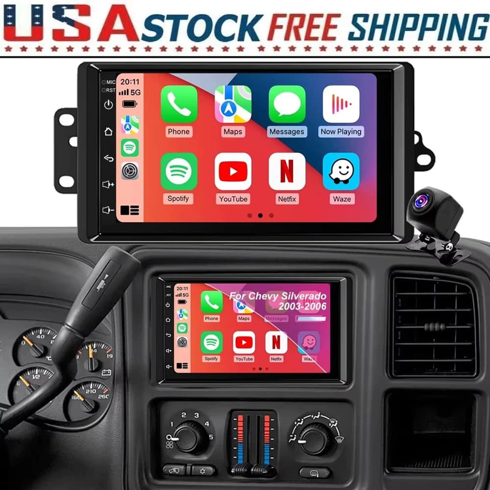7inch Android 13 Touch Screen Car Stereo Radio 2+64GB GPS Navigation For Chevy Silverado 1500/2500/3500 2003-2006 Tahoe 2003-2006 GMC Sierra 1500/2500/3500 2003-2006 Yukon 2004-2006 Support CarPlay Backup Camera Bluetooth AHD Camera 5GWiFi FM DSP SWC