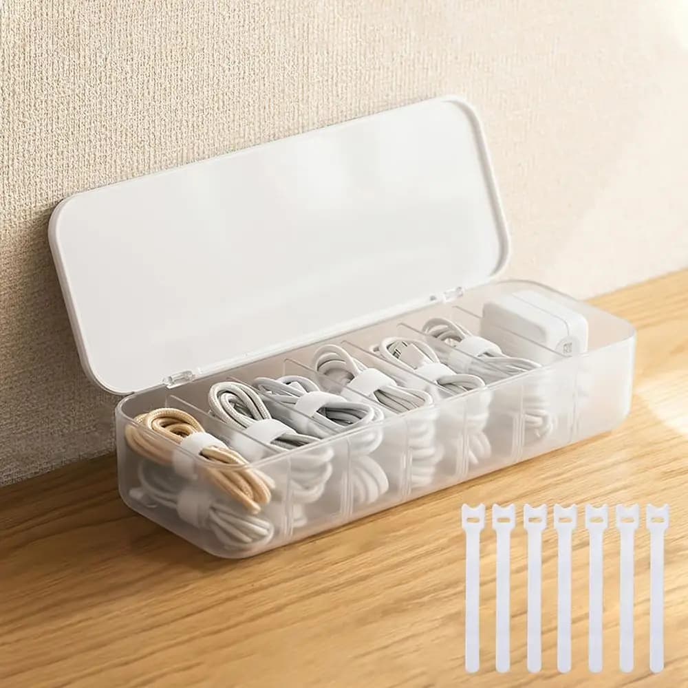 Scatola portaoggetti per la gestione dei cavi con 7 fascette, organizer per cavi da scrivania, accessori bianchi per l'home office