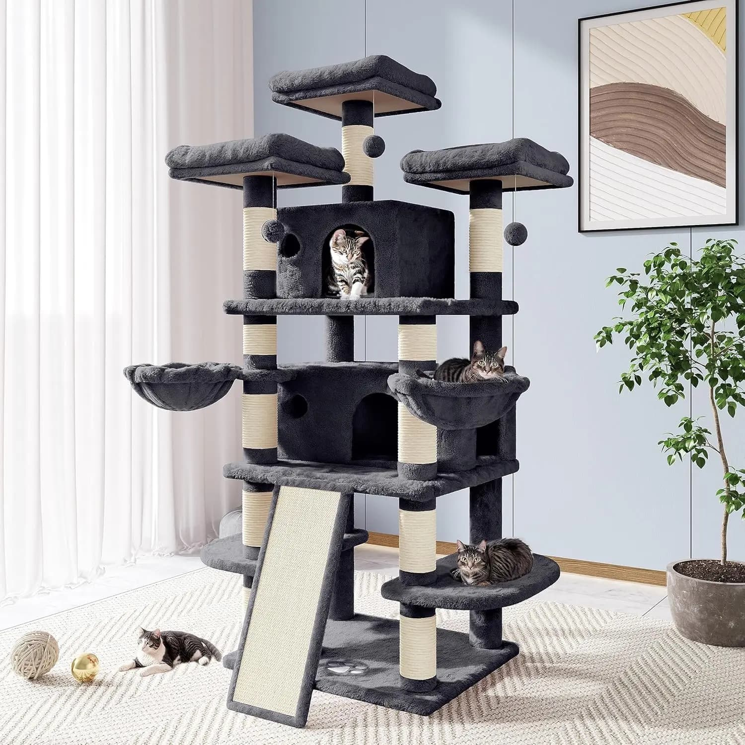Grande albero per gatti con tiragraffi in sisal, casetta da gioco multilivello per gatti grandi, grigio
