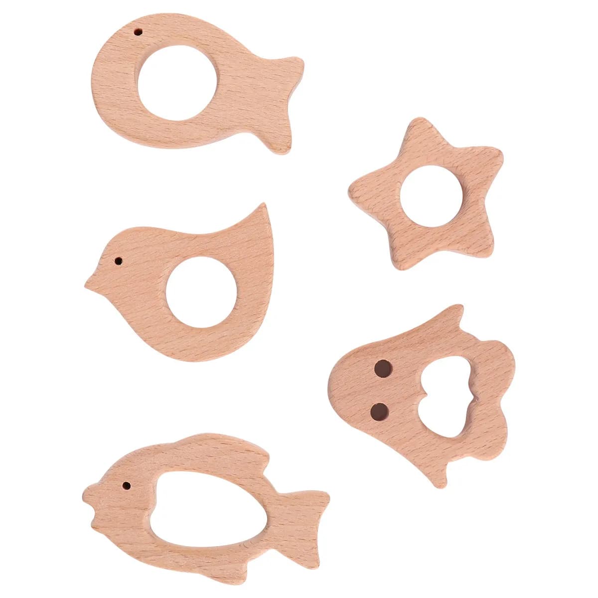 Set di 5 Massaggiagengive in Legno per Neonati, Anelli da Dentizione Naturali a Forma di Uccelli e Pesci per Bambini