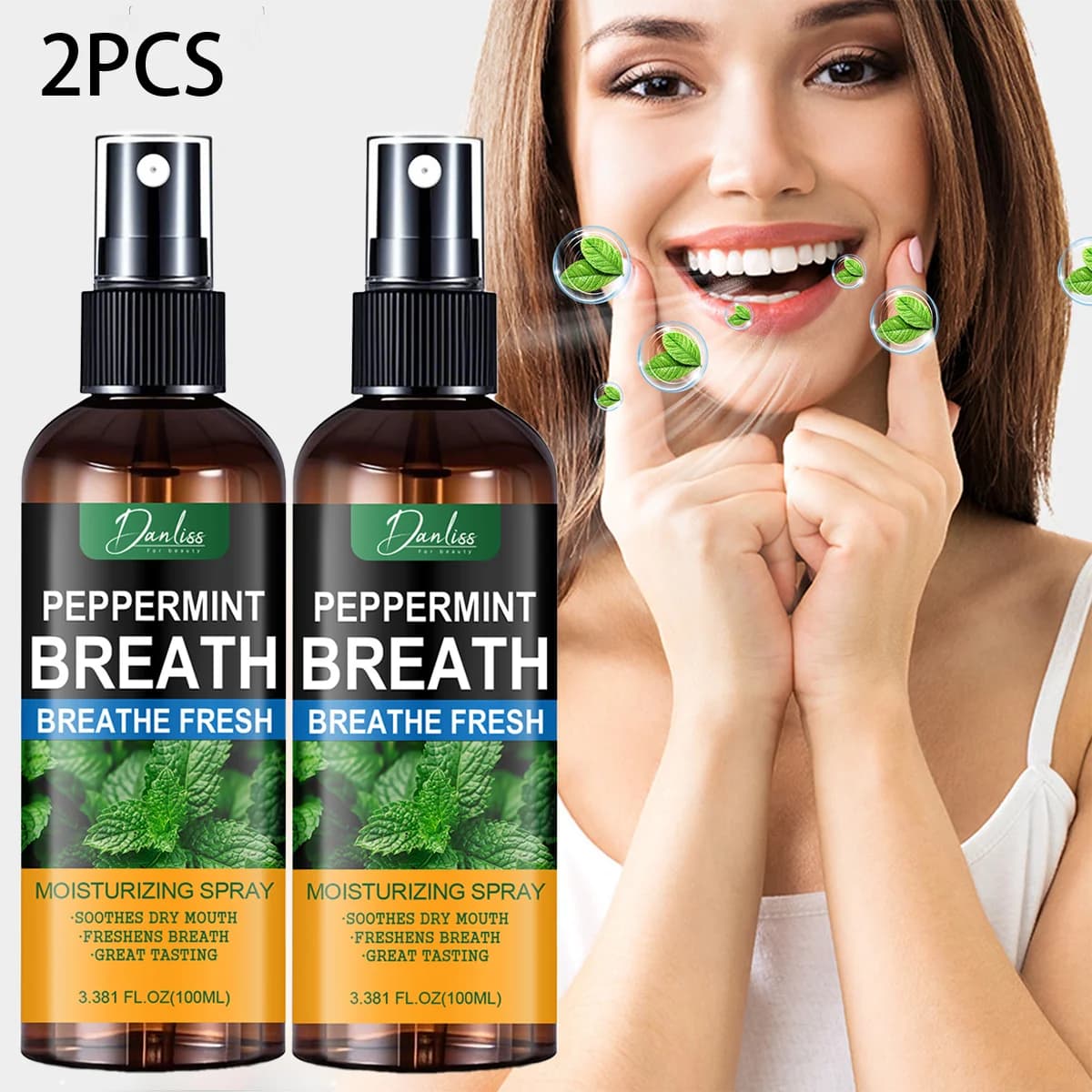 2PCS Peppermint Breath Moisturizing Spray – Glycerin & Coconut Oil for Dry Mouth Relief.